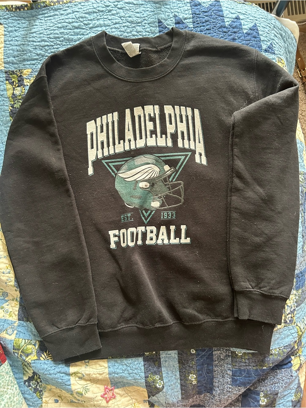 Gildan Black Philadelphia Football Crewneck Sweatshirt with Green Helmet Graphic